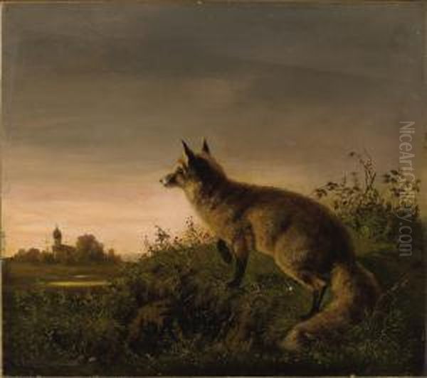 Fox In A Landscape Oil Painting by Carl Oswald Rostosky