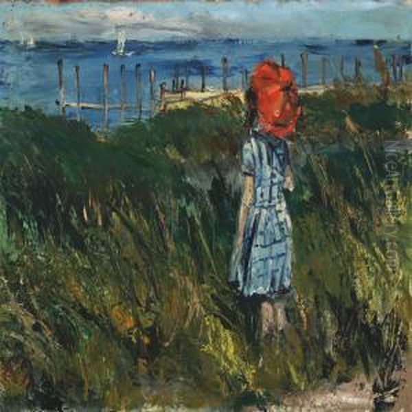 Coastal Scenery With A Young Girl At The Beach Oil Painting by Peter Rostrup Boyesen