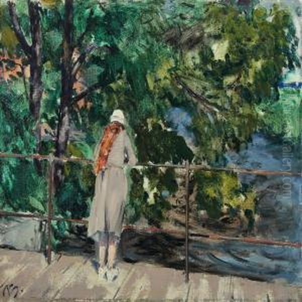 Young Woman On A Bridge Oil Painting by Peter Rostrup Boyesen