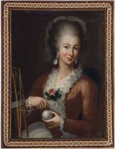 Portrait Of A Lady In A Pink Dress Winding Yarn Oil Painting by Pietro Antonio Rotari