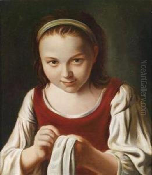 A Girl Sewing Oil Painting by Pietro Antonio Rotari