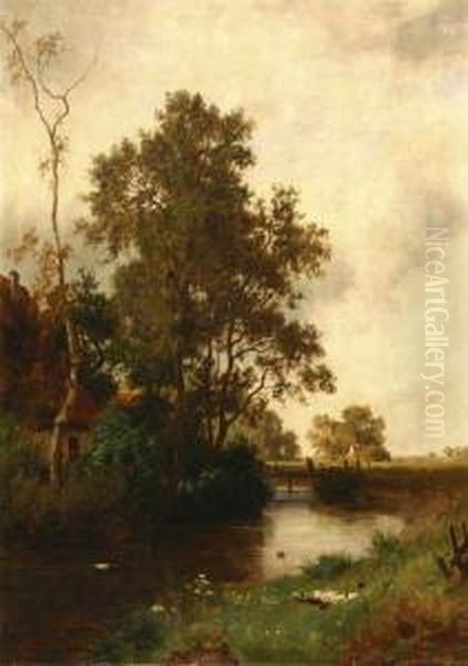 Rural Landscape With Ducks Beside A River by August Roth