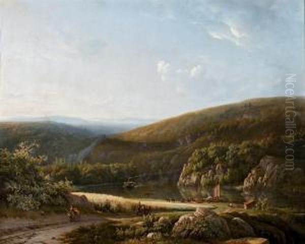 Moored Vessels In A Panoramic Riverlandscape Oil Painting by Georg Andries Roth