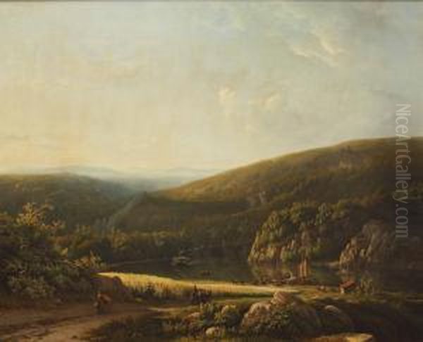 Weite Flusslandschaft Mit Mehreren Booten Und Zahlreichen Personen Am Ufer Oil Painting by Georg Andries Roth