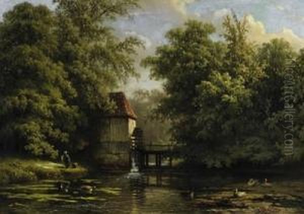 Millpond In The Forest. On The Banks A Woman Bleaching The Laundry. Oil Painting by Georg Andries Roth