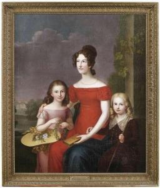 Caroline Friederike Mathilde Duchess Of Wurttemberg Nee Princess Of Waldeck-pyrmont (1801-1823, 
Since 1817 Maried With Duke Eugen Of Wurttemberg) With Her Children At A Balustrade In Front Of A Landscape. Oil Painting by Carl Rothe