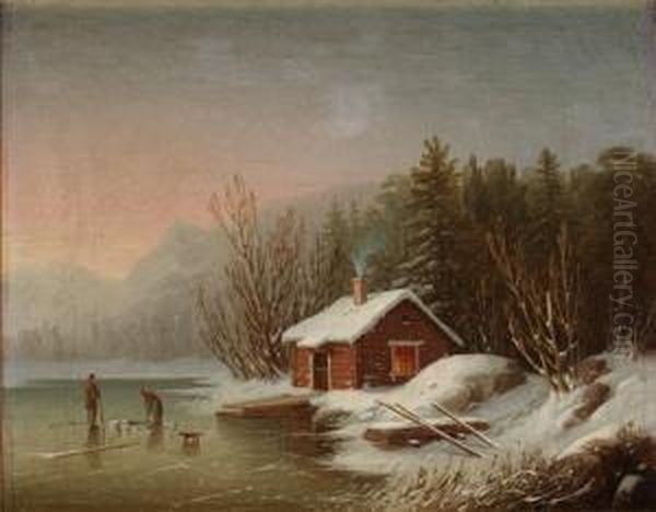 Insjolandskap Med Vinterfiskare Oil Painting by Carl Abraham Rothsten