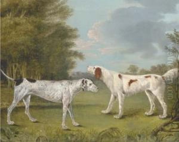 An English Setter And A Pointer In A Landscape Oil Painting by I. Rothwell