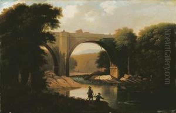 A Bridge Over A River, With Anglers In The Foreground Oil Painting by I. Rothwell