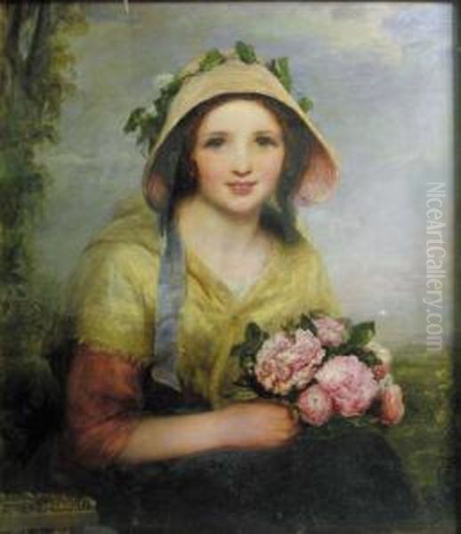 R.h.a. A Girl In A Bonnet, Holding A Bunch Of Flowers Oil Painting by Richard Rothwell