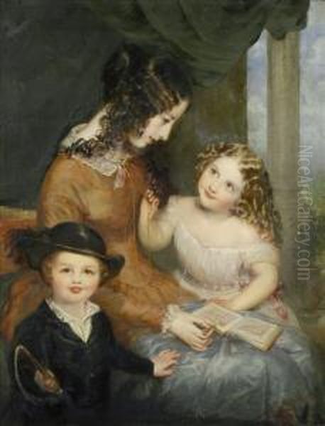 The Children Ofmrs. Orme Foster, In A Loggia, A Book On Her Knee Before A Drapeand Stone Pillar Oil Painting by Richard Rothwell