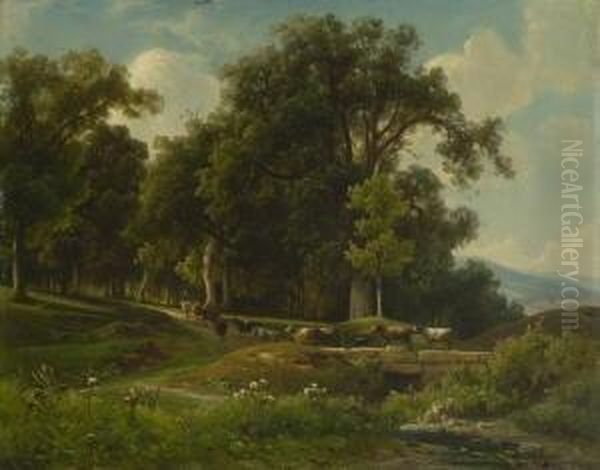 Waldlandschaft Mit Heimkehrender
 Kuhherde. Oil Painting by Carl Johann F. Rotteken