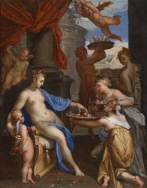 Venus Accompanied By Cupid Being Presented With Flowers And Fruit Oil Painting by Hans Rottenhammer