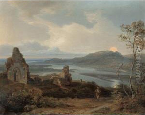 Ruine Einer Kapelle In Der Nahe Eines Flusses Bei Aufgehendemmond Oil Painting by Carl Rottmann