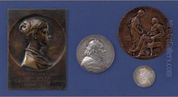 Marie Augustus Roty; Michel Eugene Chevreul (french, 1786-1889); Marie Laurent (french, B. 1826): Three Medals And One Plaquette Oil Painting by Oscar Louis Roty