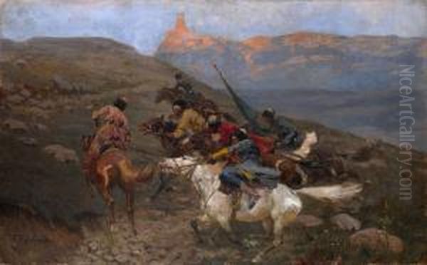 Circassian Horsemen Oil Painting by Franz Roubaud