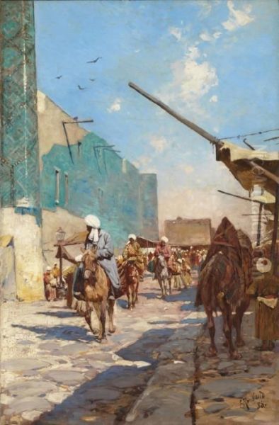 Rue Marchande Pres De La Place Du Registan, Samarcande Oil Painting by Franz Roubaud