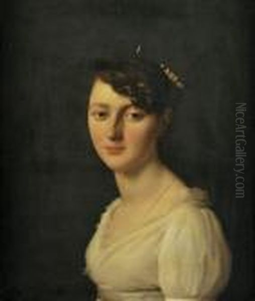 portrait En Buste De Femme Portant Une Robe Verte A Col Medicis,un Collier De Perles A Deux Rangs Et Coiffee D'un Tocquet Vertgarni De Plumes D'autruches Blanches. Oil Painting by Georges Rouget