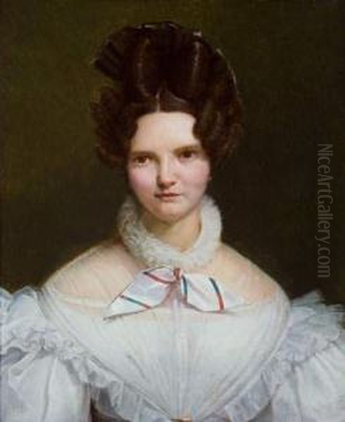 Portrait De Jeune Femme En Robe Blanche
 Sur Sa Toile D'origine. Oil Painting by Georges Rouget