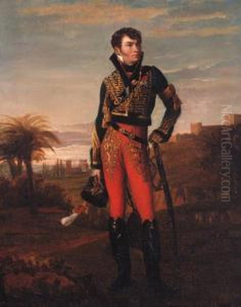 Portrait Of A French Hussar Of The Napoleonic Era, Full-length,standing In An Egyptian Landscape Oil Painting by Georges Rouget