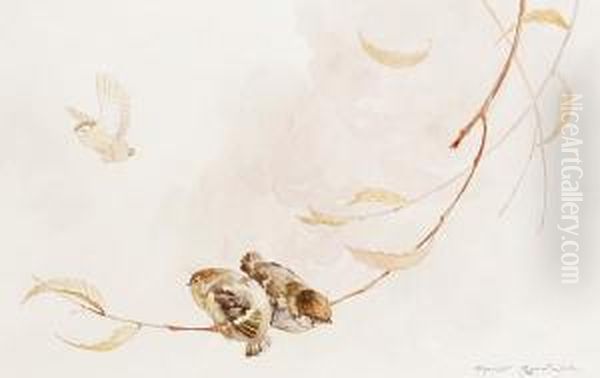 Sparrows On A Branch Oil Painting by Harry Rountree