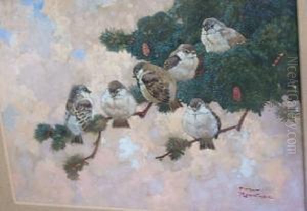 Birds On A Branch Oil Painting by Harry Rountree