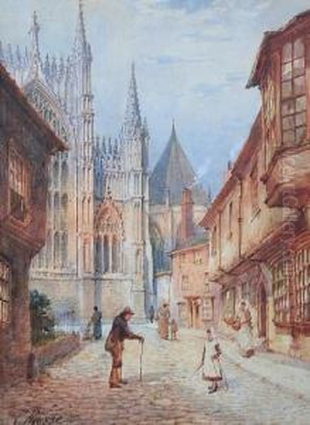 Figures In The Shambles, York Minster Beyond Oil Painting by Charles Rousse