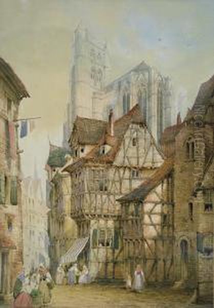 Rouen Town Scene With Figures And The Cathedral In Thedistance Oil Painting by Charles Rousse