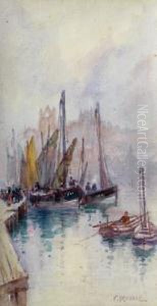 Fishing Boats In Whitby Harbour Oil Painting by Frank Rousse