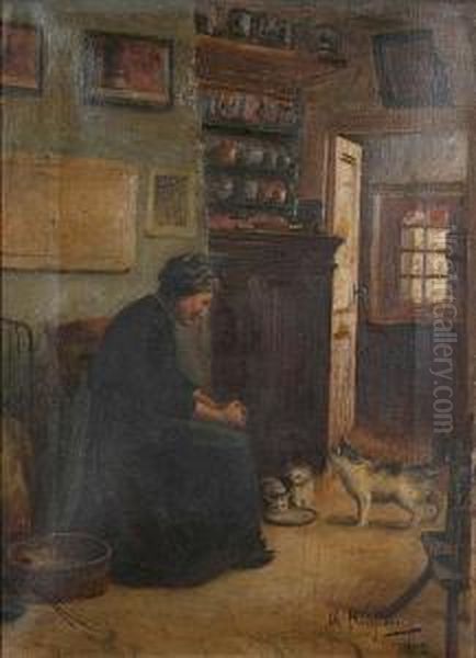 Boereninterieur Met Vrouw En Katten. Oil Painting by Charles Rousseau