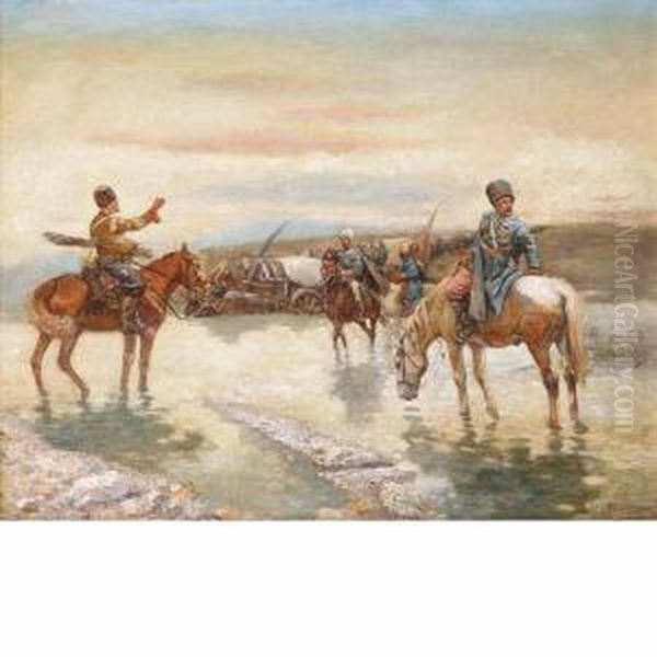 Cossacks Crossing A River Oil Painting by J.R . Rousseau