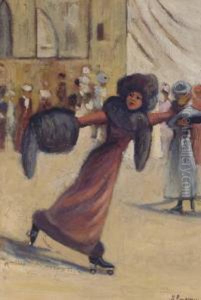 Roller Skating Oil Painting by Marguerite Rousseau