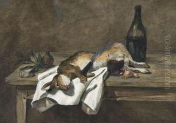 Lievre Et Bouteille De Vin Sur Une Table Oil Painting by Philippe Rousseau