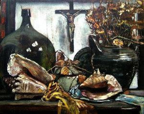 Still Life Of Crucifix, Bottles And Shells; Oil Painting by Philippe Rousseau