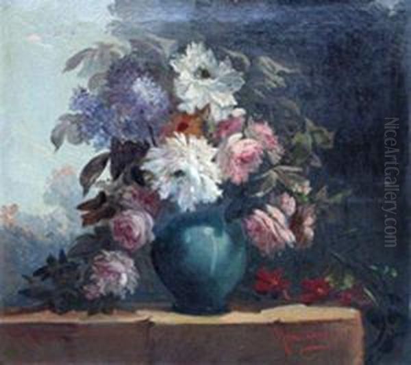 Bouquet De Fleurs Sur Un Entablement. Oil Painting by Emile Alfred Rousseaux