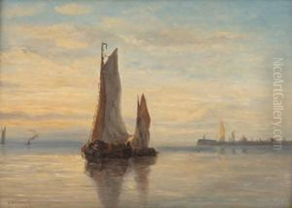 Coucher De Soleil Sur L'estuaire Oil Painting by Charles Emmanuel Roussel