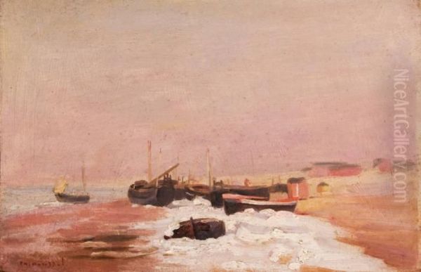 Bateaux Sur La Plage Enneigee Oil Painting by Charles Emmanuel Roussel