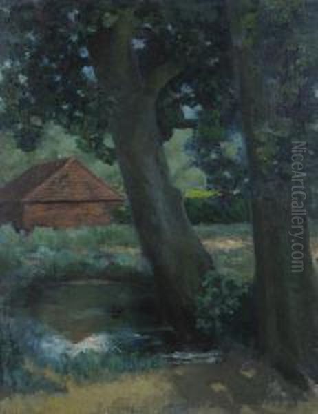 Trees By A Pond With Building Beyond Oil Painting by Theodore Casimir Roussel