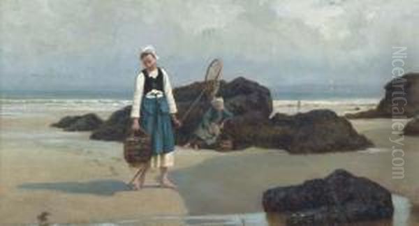 Catching Crabs Oil Painting by Victor Marie Roussin