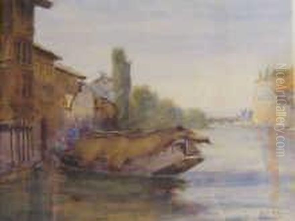 River Scene With Thatched Houseboat Oil Painting by Alexandre Nicolaievitch Roussoff