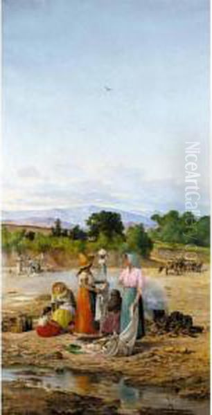 Mexican Figures Washing Clothes By A Stream Oil Painting by Francisco Amerigo Rouvier