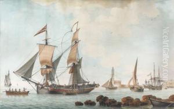 Deux-mats Au Port Battant Pavillon Oil Painting by Joseph Roux