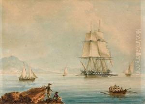 L'arrivee D'un Trois-mats Dans La Rade De Marseille Oil Painting by Antoine Ii Roux