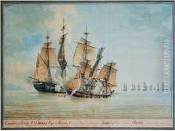 Combat De La Corvette Le Decius (capitaine Jenez) Contre La Fregate Anglaise Lapwing (capitaine Robert Barton) Qui Se Deroula Le 26.11.1796 Oil Painting by Antoine Roux De Royat