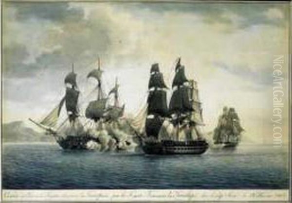 Combat Et Prise De La Fregate Anglaise La Proserpine, Par La Fregate Francaise La Penelope Sur Le Cap Sicie Le 28 Fevrier 1809. Oil Painting by Antoine Roux De Royat