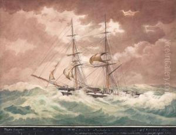 Navire Francais Dans La Tempete Oil Painting by Francois Geoffroy Roux