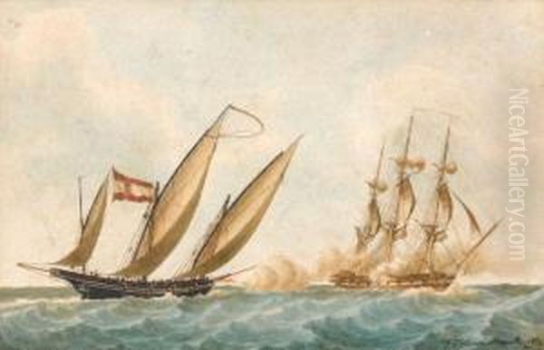 Combat Naval Entre Trois-mats Francais Et Goelette Oil Painting by Francois Geoffroy Roux