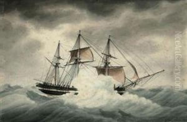 Le Grand Corneille 
 Under Reduced Sail In Stormy Weather Oil Painting by Francois-Joseph-Frederic Roux