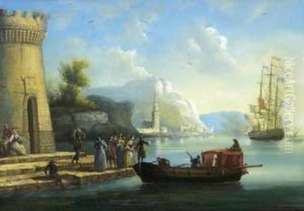 Mittelmeerhafen Mit Figurenstaffage Oil Painting by Frederic Roux