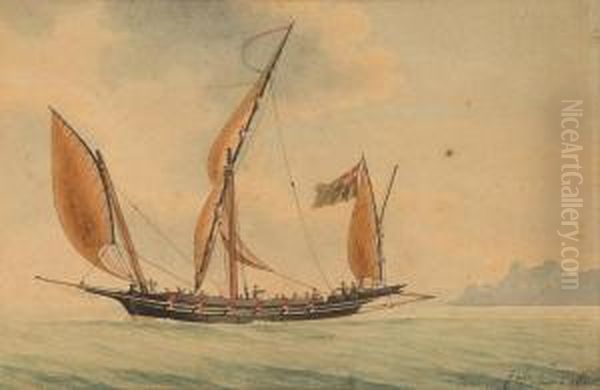 An Armed Xebec Sailing Off A Headland Oil Painting by Louis Francois Pros. Roux